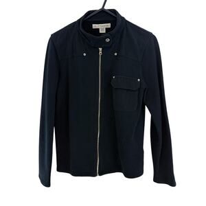 Vittadini Adrienne Structured Zip Snap Jacket Women's Large Navy Blue Cotton